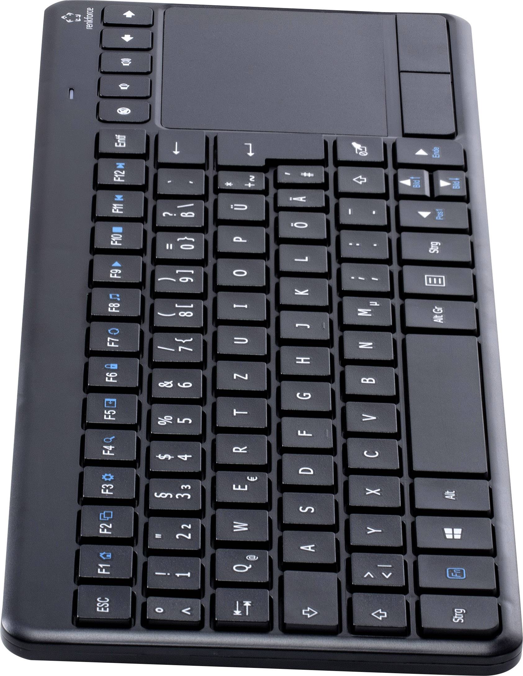 A wireless keyboard in the British English layout, with black keys and blue secondary functions, displays special characters and control keys.