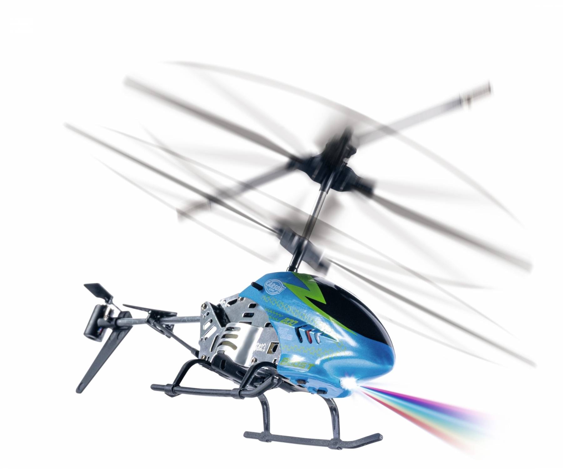 A blue-black toy helicopter with rotating rotor blades flies in the air, creating a rainbow-coloured trail.