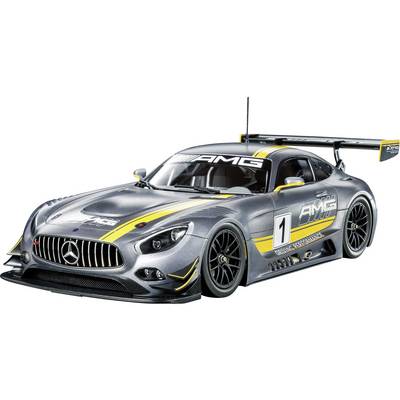 Silver sports car model with yellow accents and AMG logo on the bonnet. Number 1 on the side.