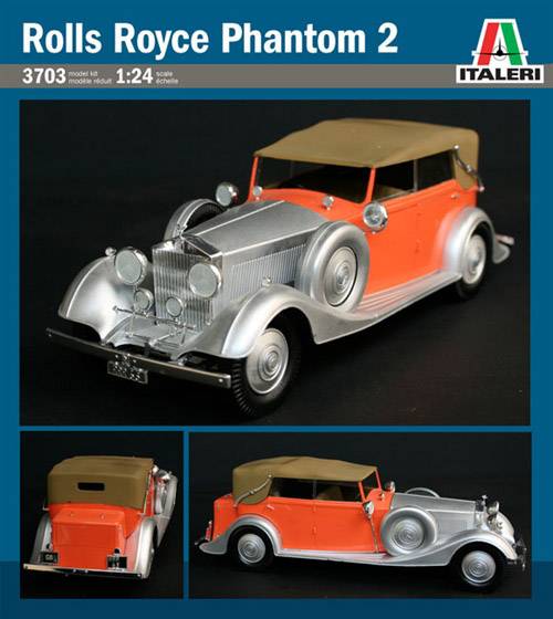 Model car of a Rolls Royce Phantom 2 on Italeri packaging. Three-part view: Front, back, side view. 1:24 scale.
