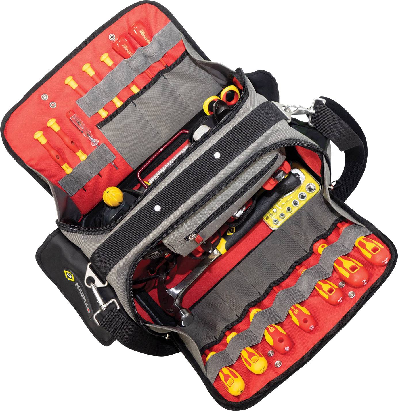 Open tool bag with multiple side pockets, filled with insulated red and yellow screwdrivers, pliers, and measuring instruments.