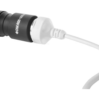 White USB charging cable plugged into a black device, with 'CHARGE - USB' label.