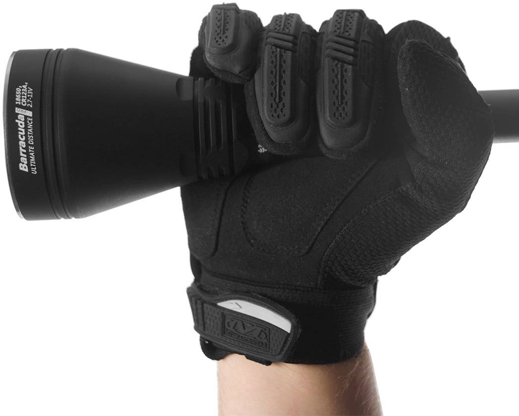 A hand wearing a black glove is holding a torch.