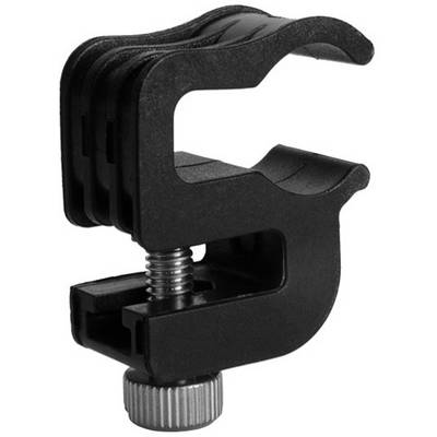 Black clamp clip with screw mechanism for mounting on round or rectangular bars, top view.