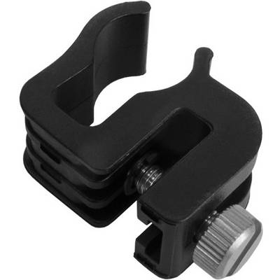 Black mounting clamp with rotatable metal screw, suitable for attaching or securing to round objects.