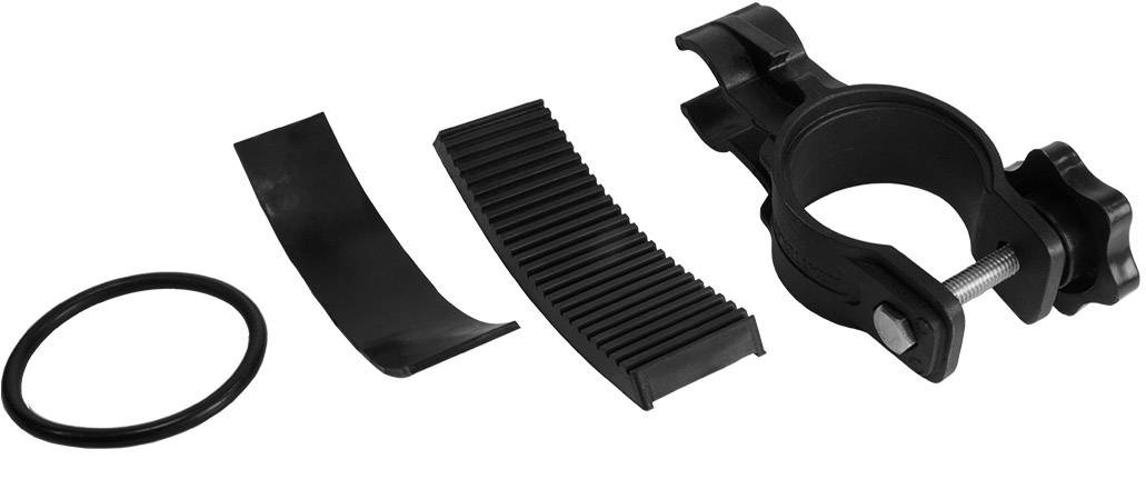 Bicycle mounting kit with clamp, rubber pad and sealing ring. Components for attachment to a handlebar.