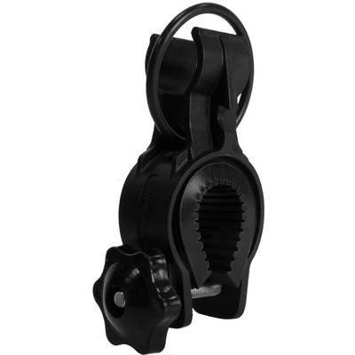 Black plastic holder with a ribbed grip and rotating wheel, designed for attachment to pipes or rods.