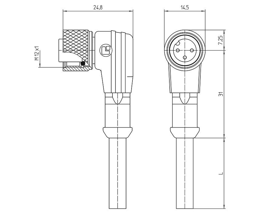 Technical drawing of a connector with dimensions: Length 24.8 mm, Width 14.5 mm, Height 31 mm. M12 with X1 marking.