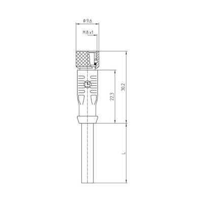 Technical drawing of a connector with dimensional specifications in millimetres, M8 thread at the top, overall length 'L' at the bottom.