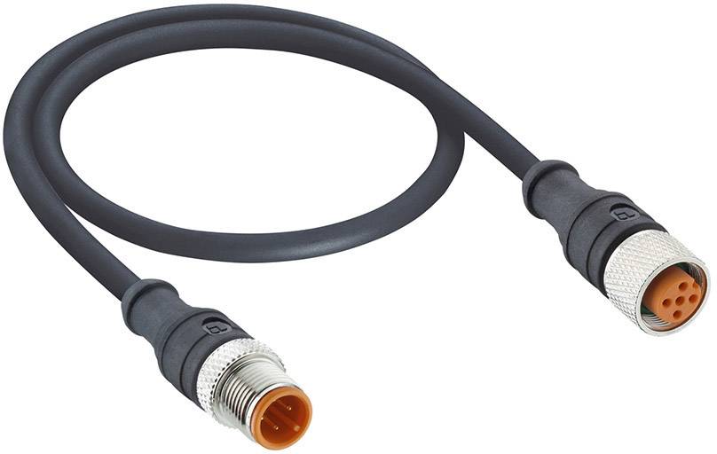 A black M12 cable with a plug and a socket at the ends, used for industrial sensing and automation.