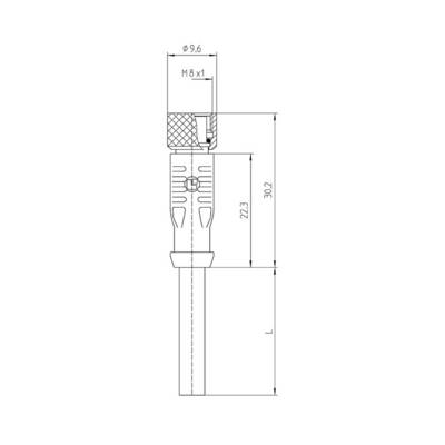Technical drawing of a plug with dimensions: Total length 30.2 mm, width 9.6 mm. Thread M8 x 1.