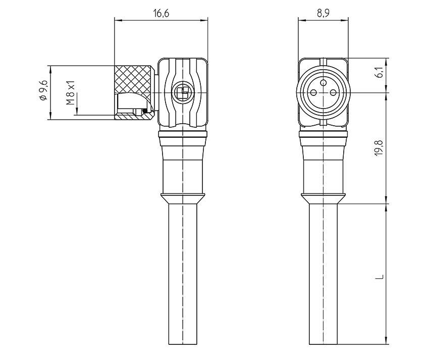 Technical drawing of an angled plug with dimensions in millimetres. Front and side views are shown.