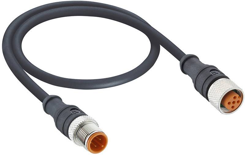 Black cable with two connectors: male and female, each with an orange interior. Used for electronic devices.