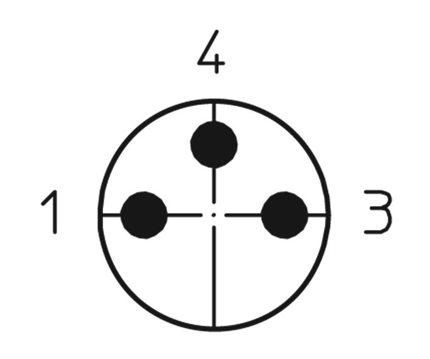 'Technical drawing of a four-pole plug with numbered contacts: 1, 3, 4. Circular configuration, contact 2 missing.'