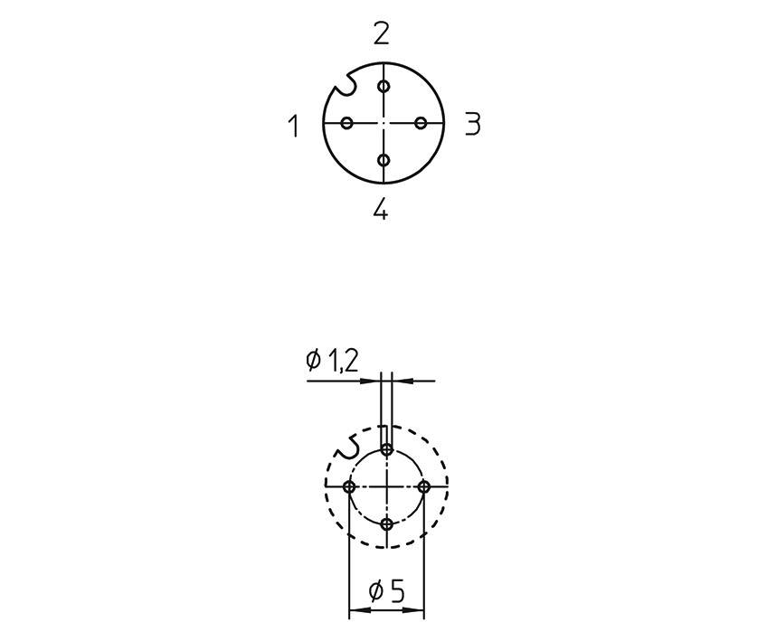 A technical drawing shows a round plug view at the top with numbers 1 to 4, and below a cross-section with marked dimensions of Ø1.2 and Ø5.