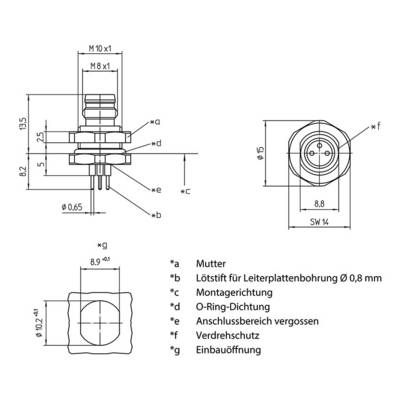 Technical drawing of a connector with dimensions. Top: Side view with length specifications. Bottom: Top view. Labels 'a' to 'g' for components.