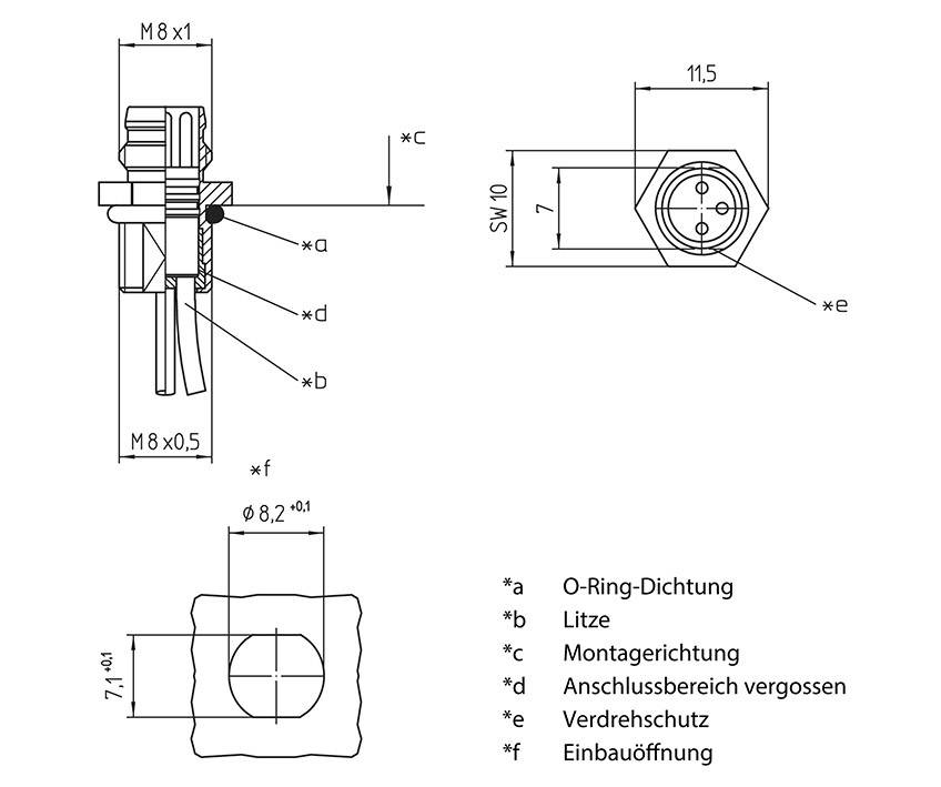 Technical drawing of a sensor housing with dimensions and labels: 'O-ring seal', 'Wire', 'Mounting bracket' and others.