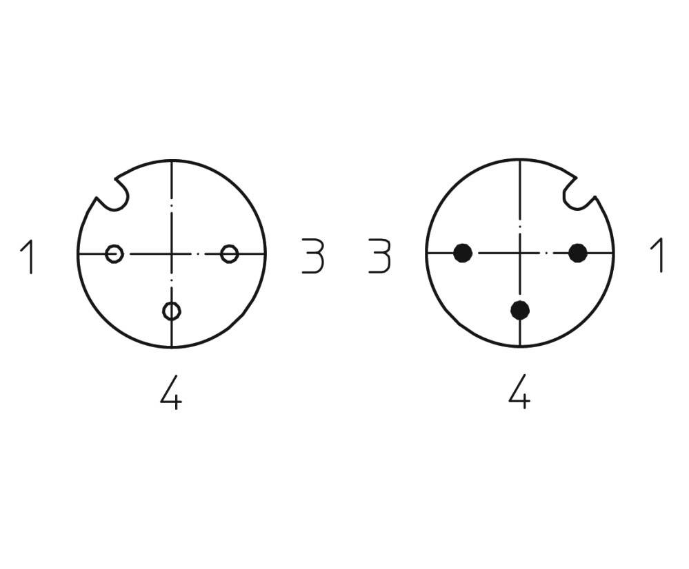 'Drawing: Two circuit diagrams of electrical connectors. Left: one point at the top, one below. Right: two points at the top, one underneath.'