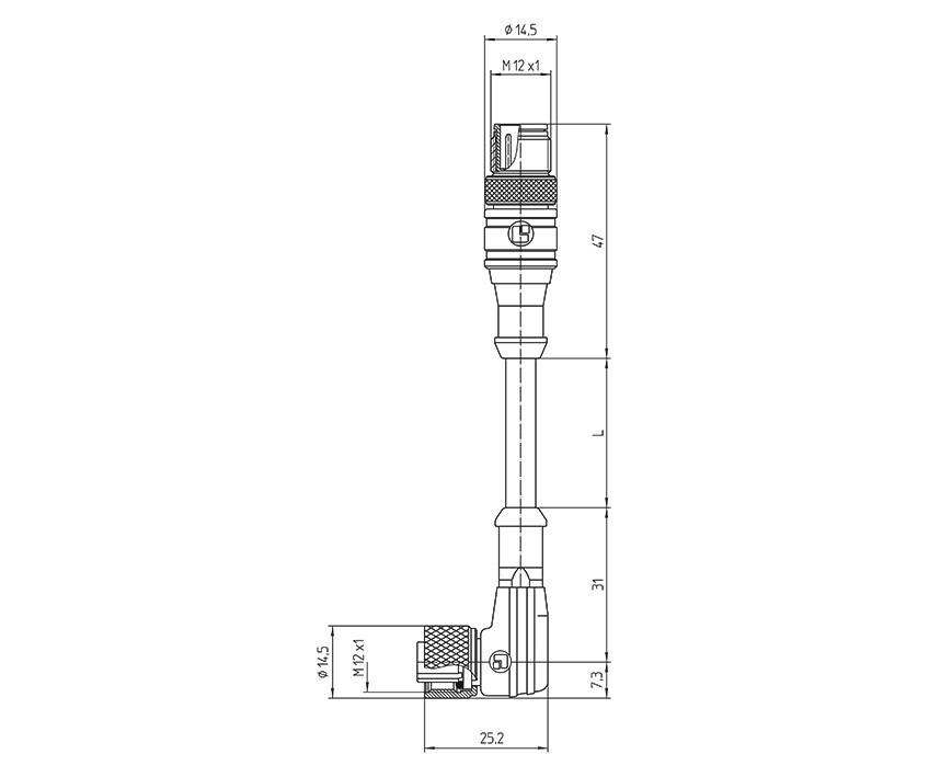 Technical drawing of a right-angled mechanical component with various dimensions and threads; measurements: M12x1, 47, 25.2, 94.5.