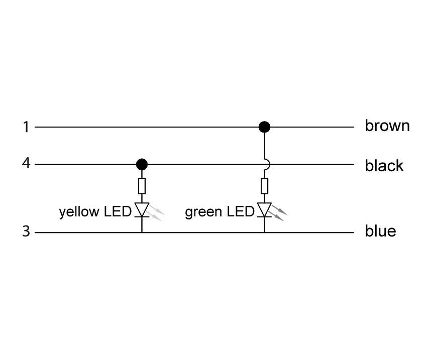 Circuit diagram shows two LEDs: yellow and green, connected in series with resistors. Connection lines are brown, blue and black.