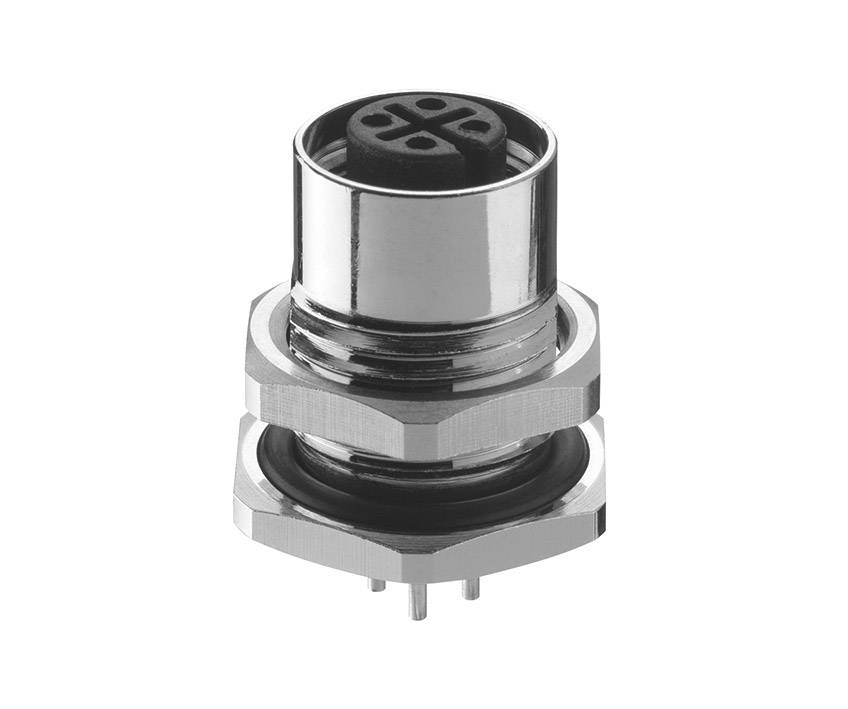 A silver-coloured, round electrical connector with four pins, surrounded by two hexagonal nuts and a rubber seal.