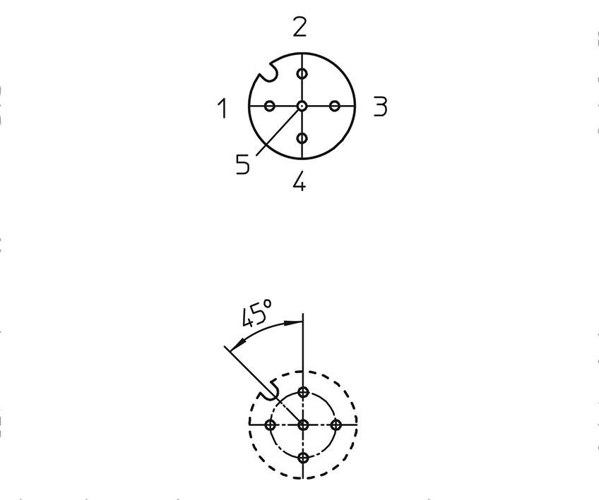 'Top: Circle with five marked points and numbers from 1 to 5. Bottom: Circle with an arrow indicating 45° to the right.'