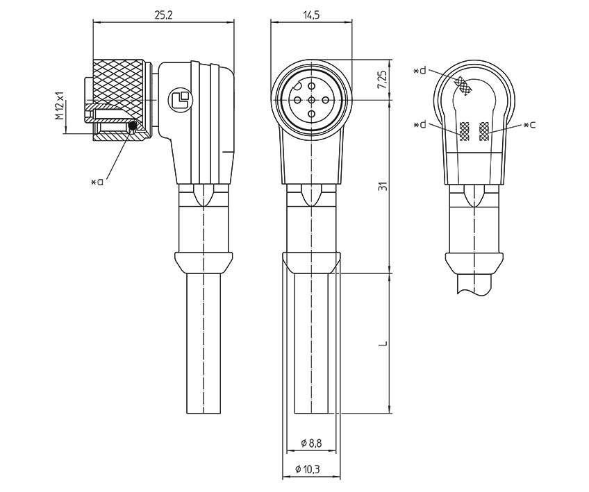 Technical drawing of a plug with dimensions in millimetres. Shows side, front, and top views with labels and threads.