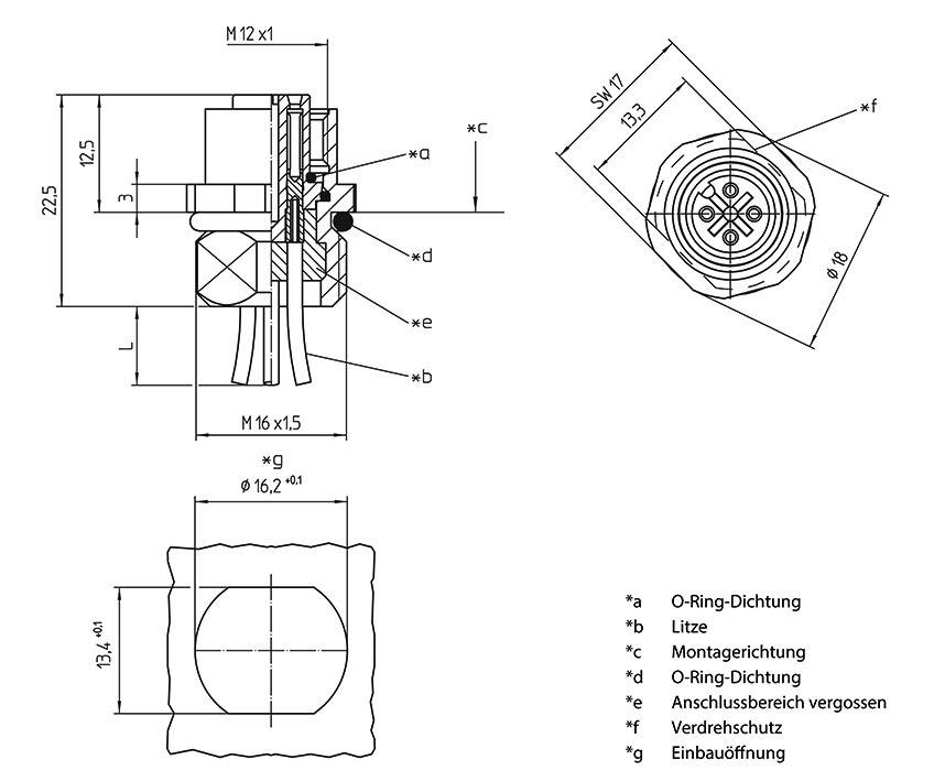 Technical drawing of a component with an O-ring seal and anti-rotation protection. Dimensional specifications and legend describing the components.