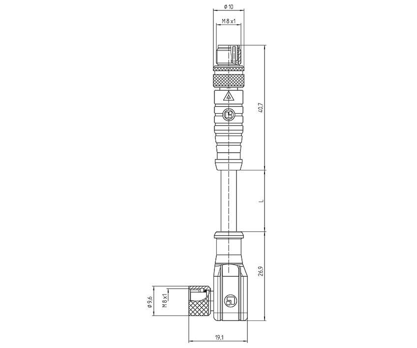 Technical drawing of a connector with length specifications and measurements, showing plug and socket, includes assembly symbols.