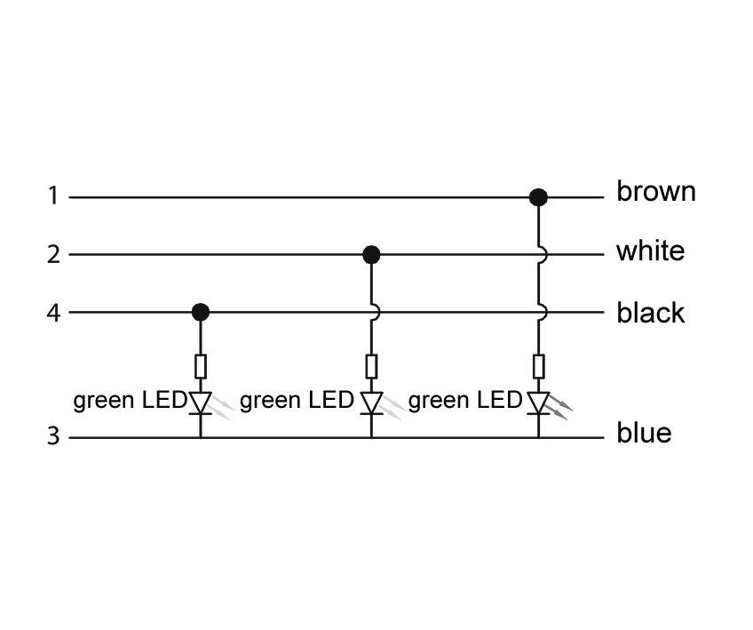 Circuit diagram shows a series connection of three green LEDs with resistors. Cables are brown, white, black, and blue numbered.