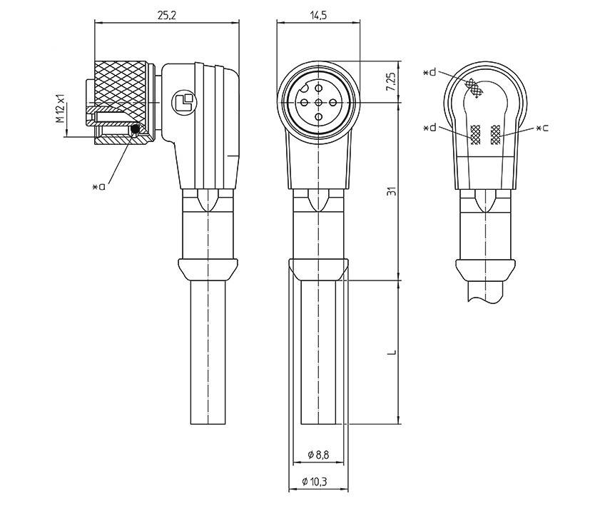 Technical drawing of a connector with dimensions, M12 thread, side and top detailed views, key features highlighted.