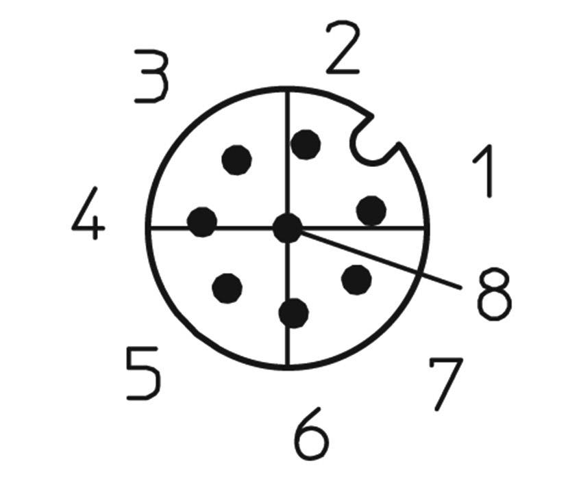 Drawing of a circle with eight numbered slots, symbolising an electrical connection. Slot 1 is emphasised.