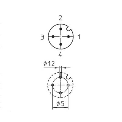 Technical drawing of a four-pole connector with numbering and dimensioning. Diameter: 5 mm, spacing (top): 1.2 mm.