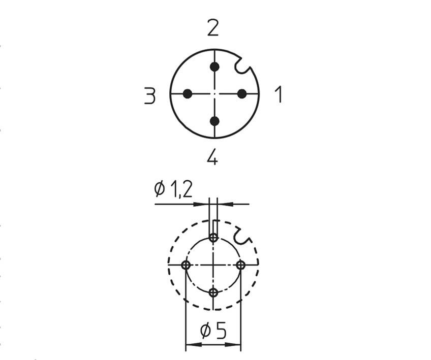 Drawing of a round connector with four numbered pins (1 to 4), diameter specifications: 5 mm and 1.2 mm.