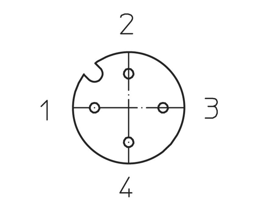 Diagram of a circular connector with four numbered pins distributed around the point. Pin 1 has a notch for orientation.