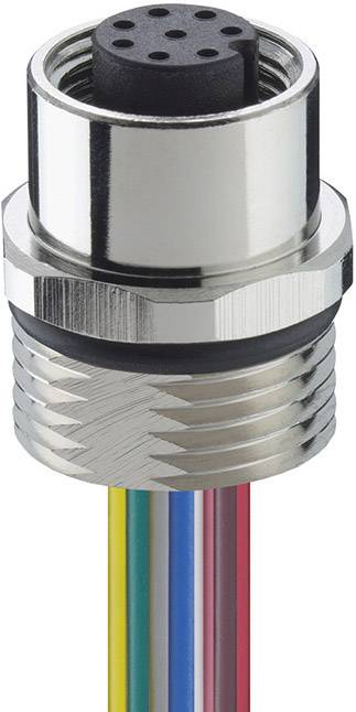 Metal multi-pin socket with various colourful cables at the bottom.