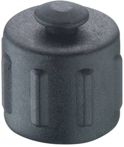 A round button made of dark plastic with a ridged surface and a raised, flat head.