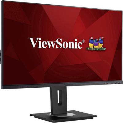 ViewSonic monitor with a red background and three colourful birds in the logo. Screen view slightly from the side.