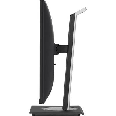 Side view of a slim computer monitor with a rectangular stand and slightly curved screen.