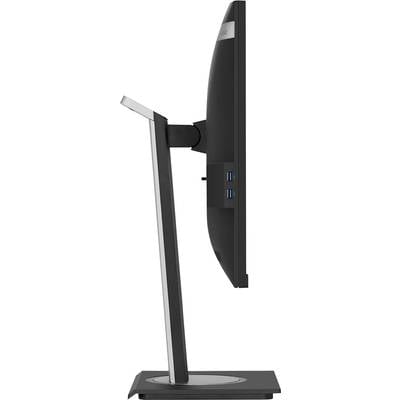 Side view of a slim computer monitor on an adjustable stand, showing USB ports on the side.