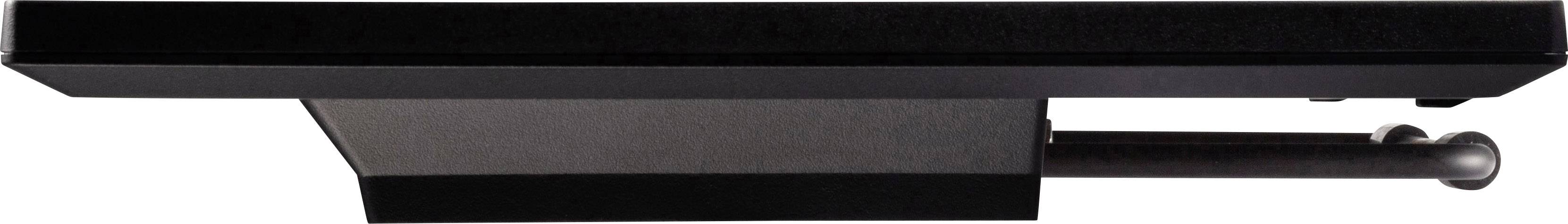 Black shelf bracket with extendable drawer runner, horizontally aligned. Suitable for concealed shelf fixings.