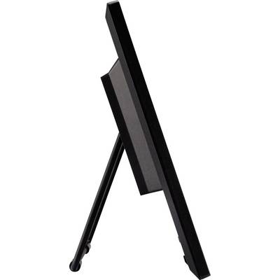 Digital photo frame viewed from the side, standing on a stand.