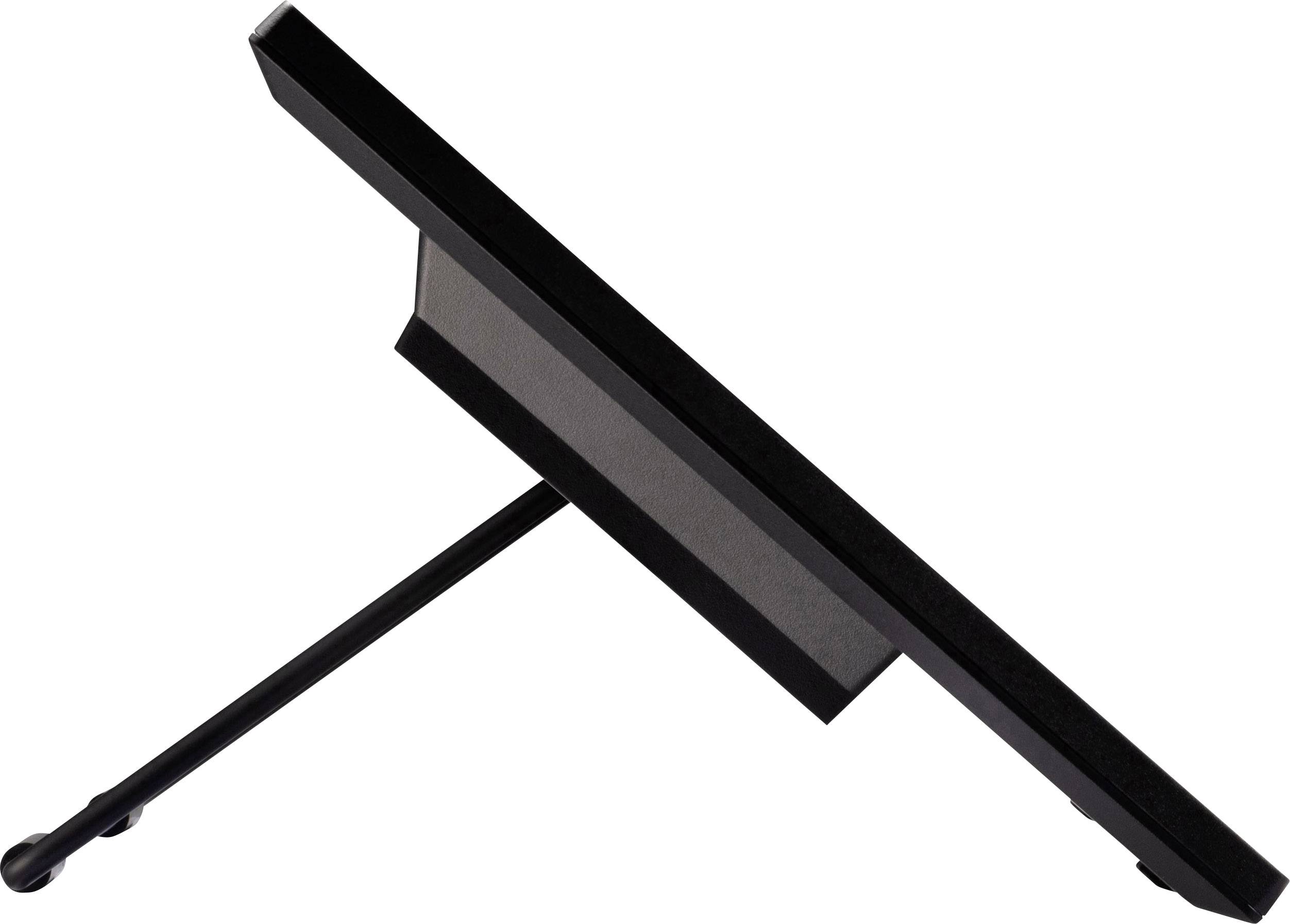 Black digital photo frame, positioned sideways, with a folding stand and a clear screen surface.