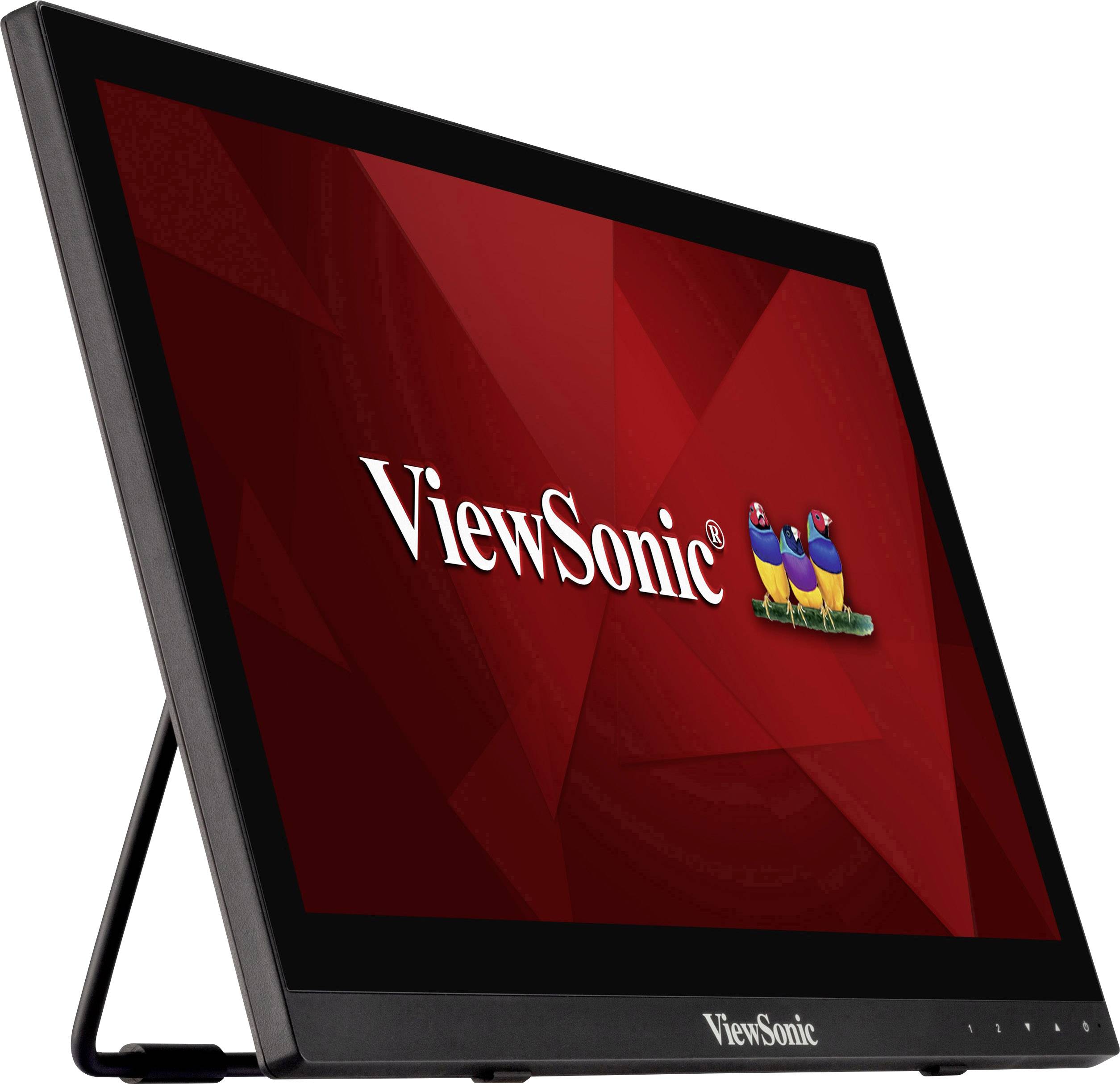 ViewSonic monitor at an angled view, black frame, red screen background with ViewSonic logo and three colourful birds.