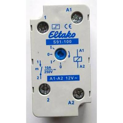 An electrical relay by Eltako, model S91-100, with blue labelling. It displays electrical connection terminals and technical details.