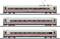 Three trains standing side by side on railway tracks, viewed from the side. Each train has two red stripes and shows different carriages.