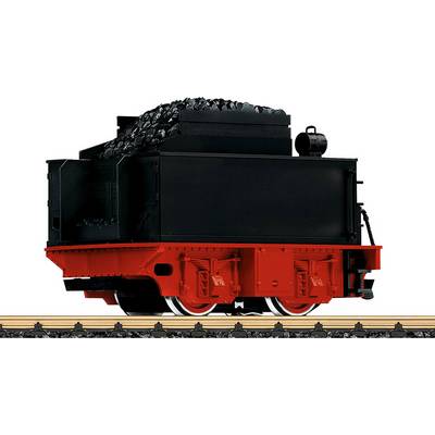 A black and red tender wagon loaded with coal, standing on railway tracks. A small black tank is positioned on top.