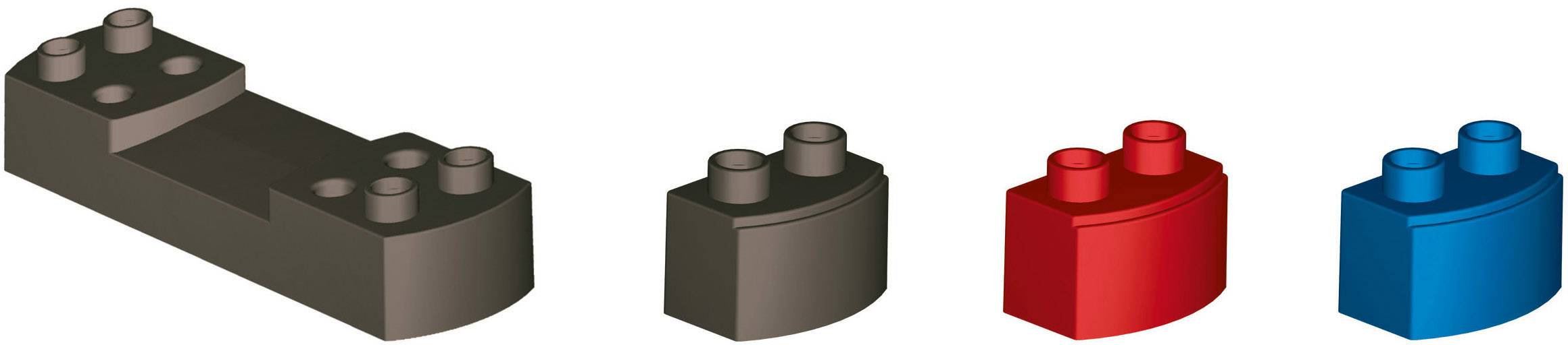 Four interconnected LEGO bricks in black, red, and blue, arranged from left to right and sorted by size.