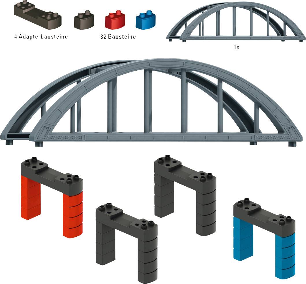 LEGO set for constructing a bridge with an arched span, 4 adapter bricks, 32 building bricks; variants in red, blue, black.
