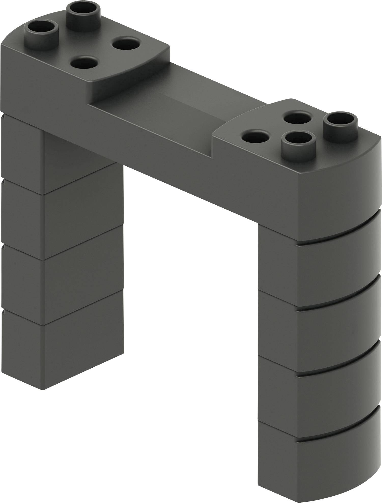 A black-grey Lego structure resembling a gate or bridge, consisting of two columns and an upper crossbar.